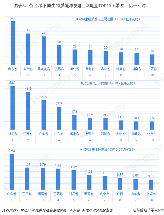 圖表3：各區(qū)域不同生物質(zhì)能源發(fā)電上網(wǎng)電量TOP10（單位：億千瓦時(shí)）