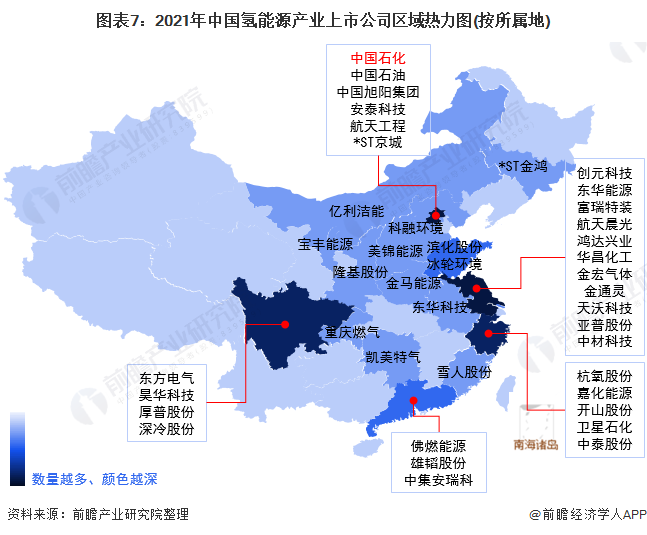 圖表7：2021年中國氫能源產(chǎn)業(yè)上市公司區(qū)域熱力圖(按所屬地)